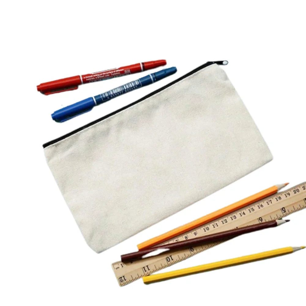 10pcs Blank Beige Diy Craft Bag Canvas Pencil Case Makeup Bags Zipper Pencil Bag Cosmetic Pouch School Craft Stationery Supplies