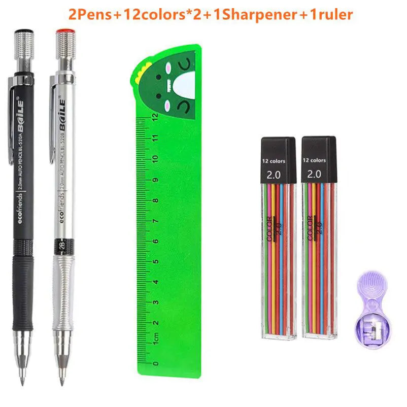 Mechanical Pencils Set 2.0mm with 2B Black/Colors Lead Refill Eraser for Student Writing Sketching Painting Automatic Pencil