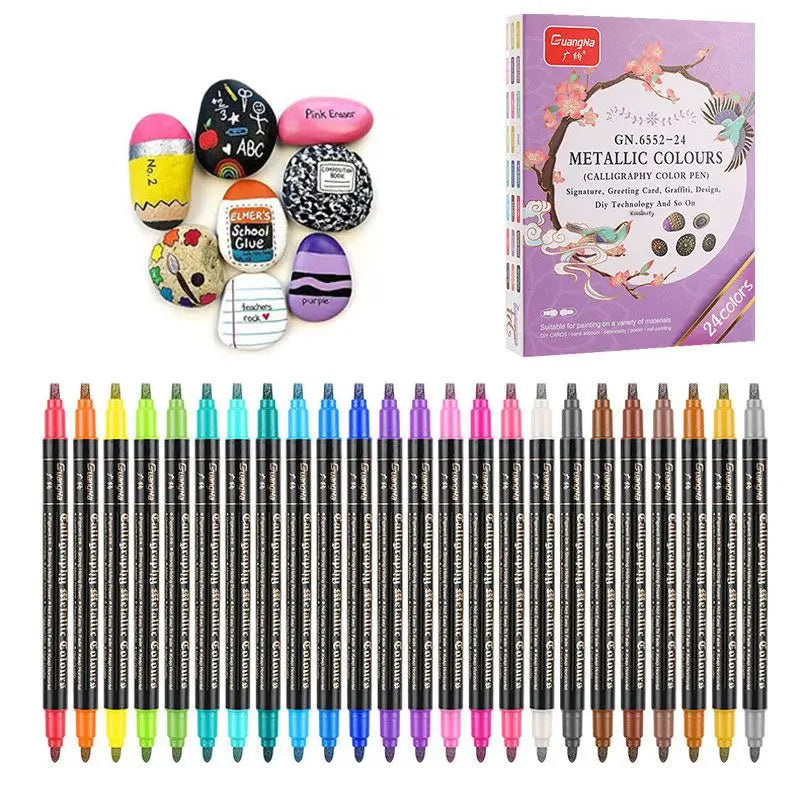 12/24 Colors Metallic Paint Markers Pens Round/Chisel Dual Tip Glitter Doodle Dazzle Drawing Pens for Easter Egg Stone Art Pen