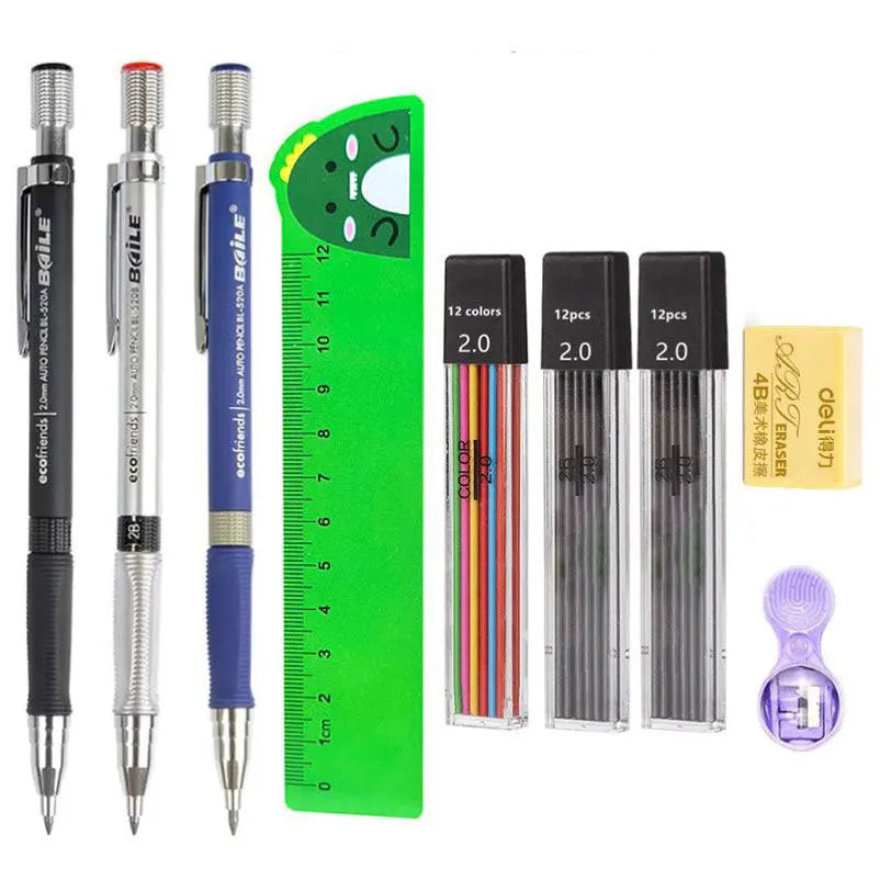 Mechanical Pencils Set 2.0mm with 2B Black/Colors Lead Refill Eraser for Student Writing Sketching Painting Automatic Pencil