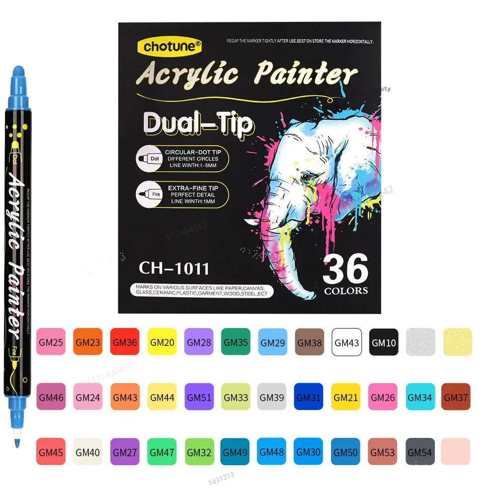 36 Colors Dual-Tip Acrylic Paint Markers, 1/5mm Paint Art Markers, Ideal for Wood, Rock Painting, Canvas, Stone, Glass, Ceramic