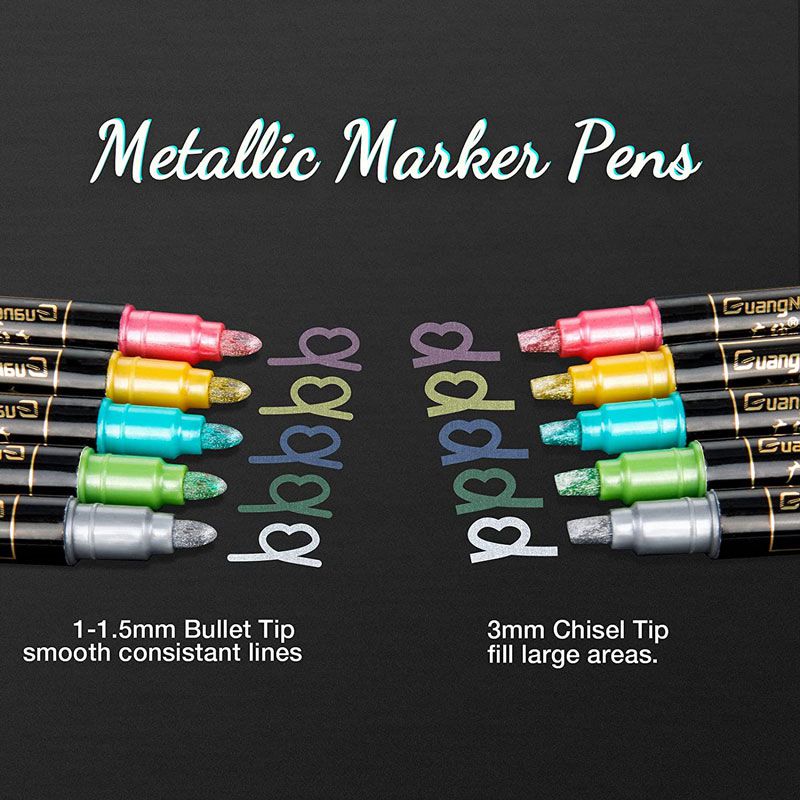 12/24 Colors Metallic Paint Markers Pens Round/Chisel Dual Tip Glitter Doodle Dazzle Drawing Pens for Easter Egg Stone Art Pen